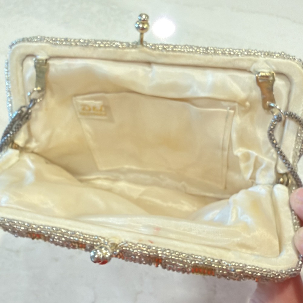 Vintage Delill Beaded Evening Bag Seed Bead Purse Silver &Gold Detachable Chain - Picture 9 of 16
